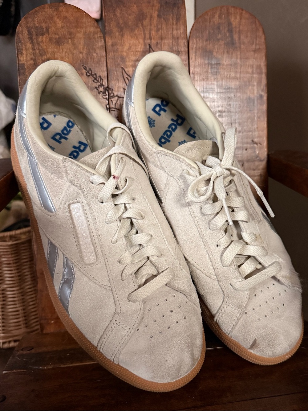 Reebok Women’s Cream Suede Sneakers with Silver Accents and Gum Sole